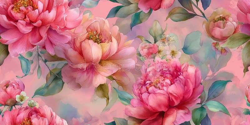 Έντονα Watercolor Peony Bloom Ομαλό Μοτίβο Lush Ροζ Άνθη με Πράσινο Φυλλάδιο για Ταπετσαρία και Κομψό Διακοσμητικό. απεικόνιση αποθεμάτων