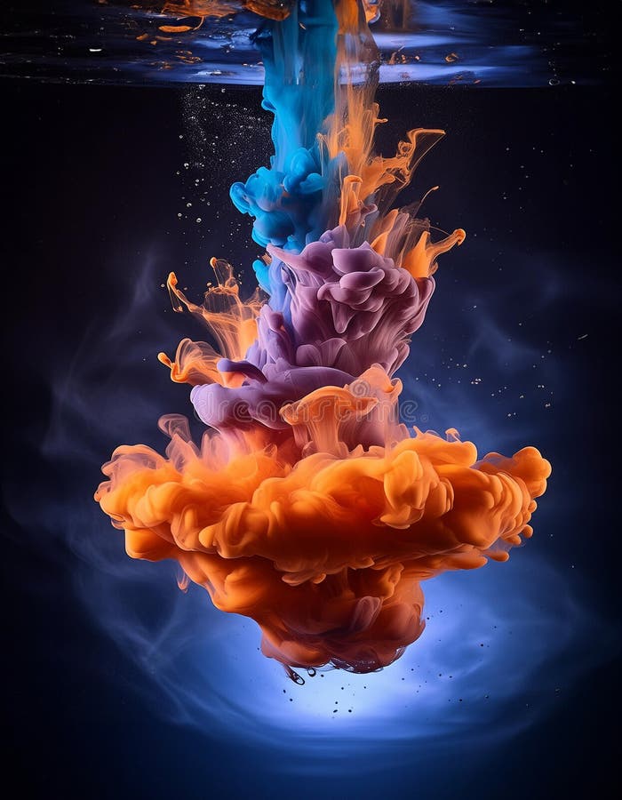 Vivid orange and blue ink plumes swirl in water, creating an abstract explosion of color against a dark background. Artistic, dynamic, and vibrant. Generative Ai. Vivid orange and blue ink plumes swirl in water, creating an abstract explosion of color against a dark background. Artistic, dynamic, and vibrant. Generative Ai