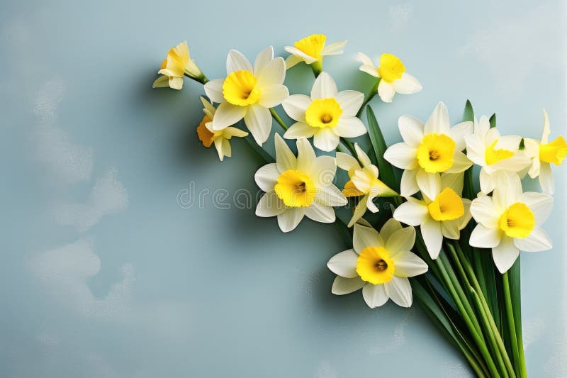 έντονα κίτρινα daffodiv έναντι του μπλε. ανθοδέσμη κίτρινου τύπου με πράσινα φύλλα σε απαλό μπλε φόντο