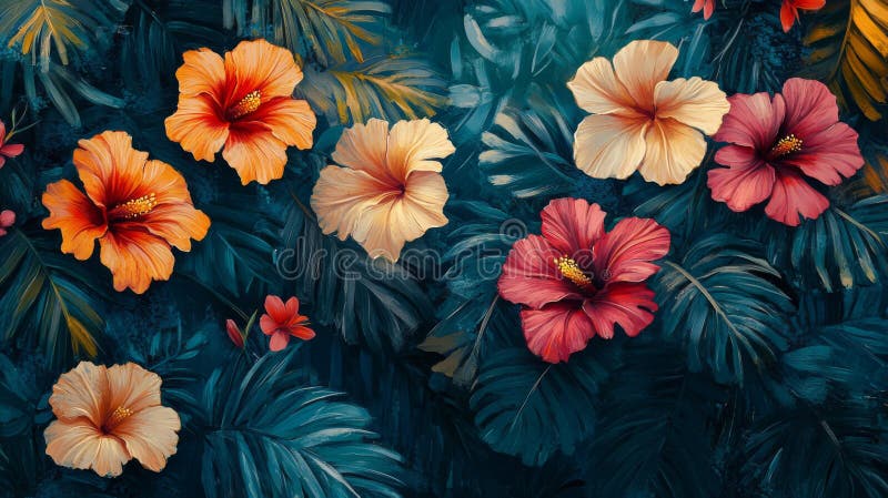 Έντονα πορτοκαλί ροζ Hibiscus Λουλούδια σε σκούρο πράσινο φύλλα διανυσματική απεικόνιση
