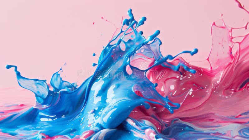 A vibrant splash of blue and pink paint, capturing the dynamic interplay of colors against a soft pink background. A vibrant splash of blue and pink paint, capturing the dynamic interplay of colors against a soft pink background