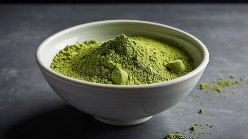 έντονη σκόνη πράσινου matcha σε κεραμική λεκάνη σε σκοτεινή επιφάνεια με μαλακή εστίαση και φυσικό φωτισμό. απαλή φωτισμένη εικόνα που εμφανίζει ζωντανή πράσινη σκόνη matcha, η οποία έχει συσσωρευτεί σε ένα απλό κεραμικό μπολ τοποθετημένο σε μια σκοτεινή επιφάνεια που επισημαίνει όμορφα την υφή και την αντίθεση χρωμάτων. εικόνα που έχει δημιουργηθεί