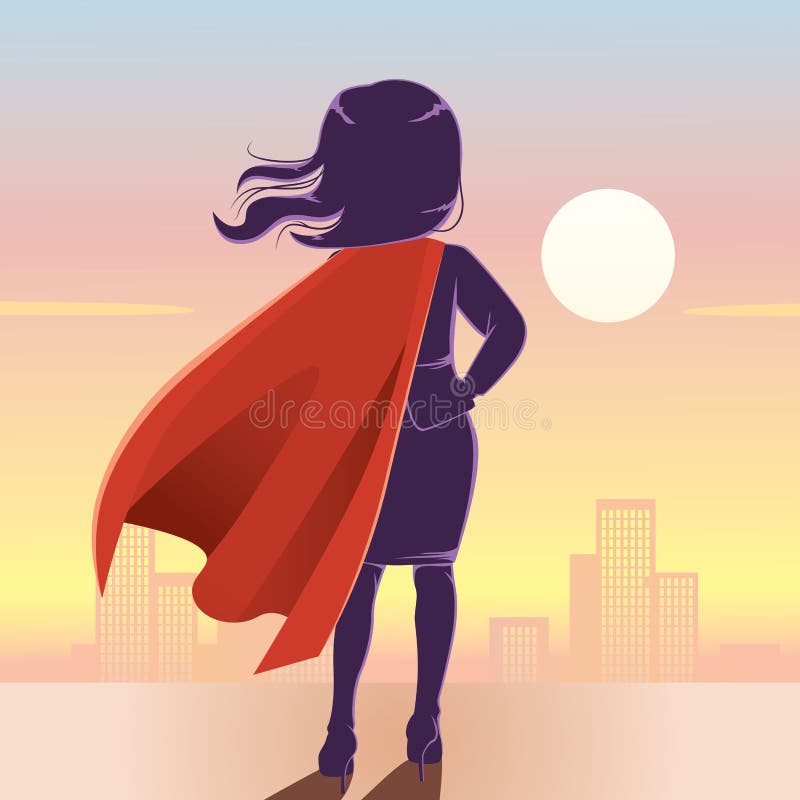 Back view of young powerful super businesswoman silhouette on top of city and sunset on background. Back view of young powerful super businesswoman silhouette on top of city and sunset on background