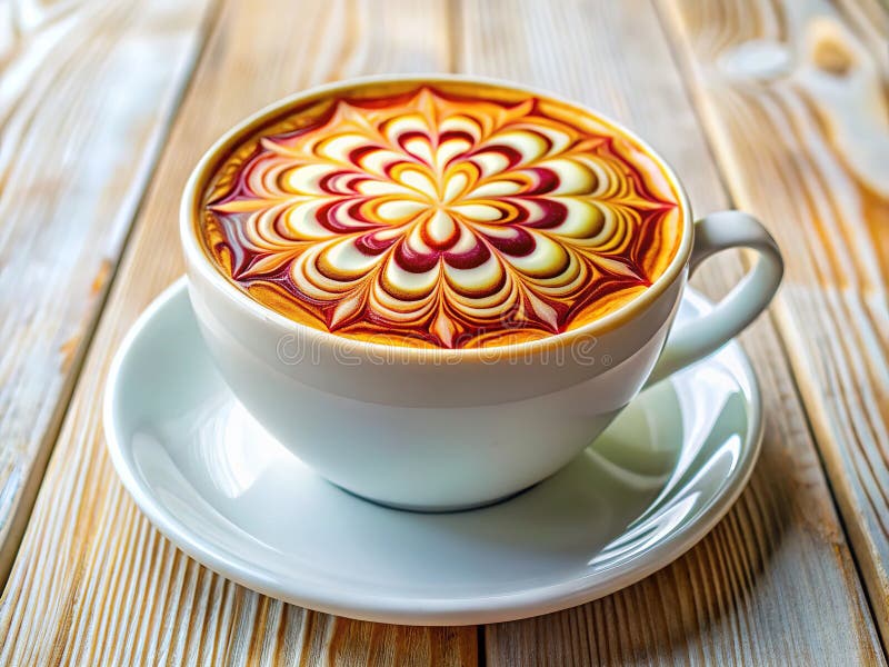 Έξοχη σχεδίαση Latte Art σε ένα λευκό κύπελλο σε ένα ζεστό ξύλινο τραπέζι Μια επαγγελματική έκθεση φωτογραφίας φαγητού ελεύθερη απεικόνιση δικαιώματος