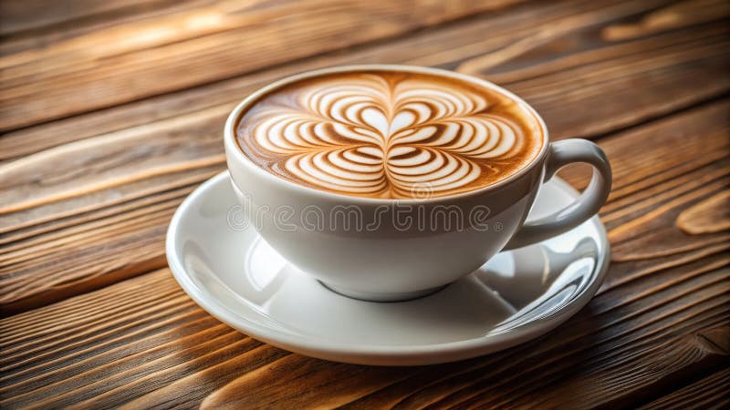 Εξαιρετική Latte Art σε μια Λευκή Κούπα, τέλεια αποτυπωμένη σε ένα Ρουστίκ Ξύλινο Τραπέζι Μια Άνετη Στιγμή απεικόνιση αποθεμάτων