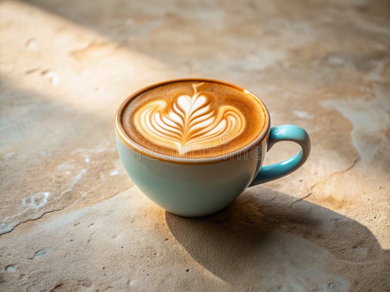 Εξαιρετική Τέχνη Latte σε Κούπα από Πέτρα Που Εμφανίζεται Όμορφα σε Μπεζ Πάγκο από Μπετόν Ένα Εκπληκτικό Νεκρό Φύση διανυσματική απεικόνιση
