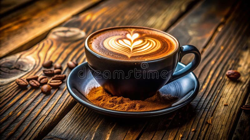 Εξαιρετικός Καφές Latte Art σε Μαύρο Φλιτζάνι, ένα Αριστούργημα Μακράς Έκθεσης σε Ρουστίκ Ξύλινο Τραπέζι ελεύθερη απεικόνιση δικαιώματος