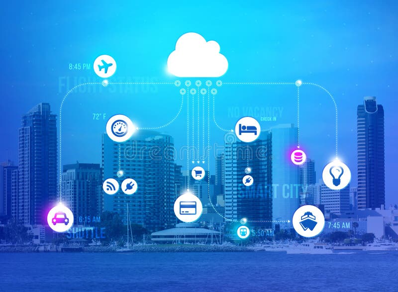 An illustration of Smart City connections with background of the city skyline. An illustration of Smart City connections with background of the city skyline