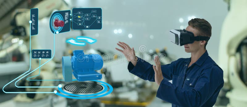 Έξυπνη τεχνολογία Iot φουτουριστική στη βιομηχανία 4 0 η έννοια, χρήση μηχανικών αύξησε τη μικτή εικονική πραγματικότητα στην εκπ στοκ εικόνα με δικαίωμα ελεύθερης χρήσης Έξυπνη τεχνολογία Iot φουτουριστική στη βιομηχανία 4 0 η έννοια, χρήση μηχανικών αύξησε τη μικτή εικονική πραγματικότητα στην εκπ στοκ εικόνα με δικαίωμα ελεύθερης χρήσης