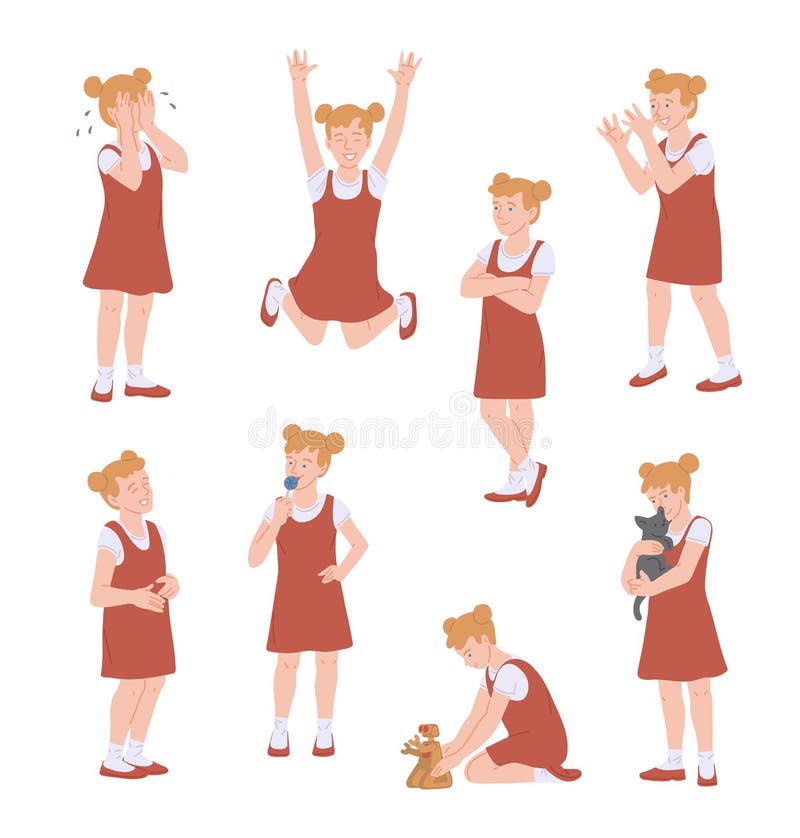 Set of teen girl various emotions and behavior, flat vector illustration isolated on white background. Cute little child cartoon character in bad and good mood. Set of teen girl various emotions and behavior, flat vector illustration isolated on white background. Cute little child cartoon character in bad and good mood.