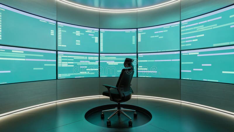 Αίθουσα εντολών HighTech με κεντρική καρέκλα και οθόνες δεδομένων με κωδικό ελεύθερη απεικόνιση δικαιώματος
