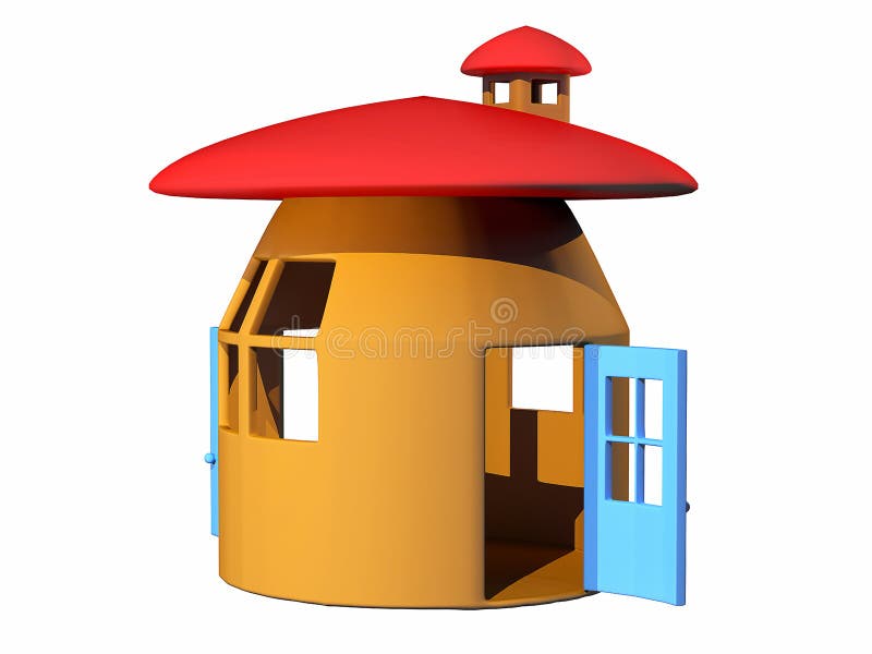 This raster is abstract plastic mushroom house empty square frames and 2 doors cute place at backyard on white color background. This raster is abstract plastic mushroom house empty square frames and 2 doors cute place at backyard on white color background.