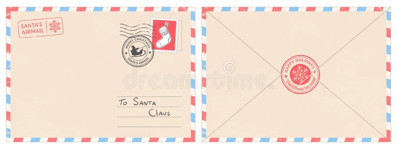 Dear santa claus mail envelope. Christmas surprise letter, child postcard with north pole postmark cachet. Postage surprised correspondence envelope, letters blank vector illustration. Dear santa claus mail envelope. Christmas surprise letter, child postcard with north pole postmark cachet. Postage surprised correspondence envelope, letters blank vector illustration