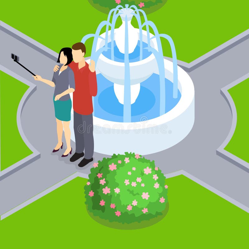 Αγαπώντας ζεύγος που κάνει Selfie το Isometric σχεδιάγραμμα διανυσματική απεικόνιση Αγαπώντας ζεύγος που κάνει Selfie το Isometric σχεδιάγραμμα διανυσματική απεικόνιση