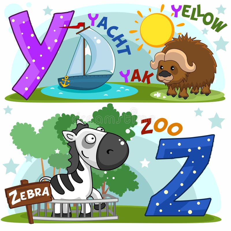 Colored cartoon English alphabet with Y and Z letters for children, with pictures of these letters with yacht, yak, zebra and zoo. Colored cartoon English alphabet with Y and Z letters for children, with pictures of these letters with yacht, yak, zebra and zoo.