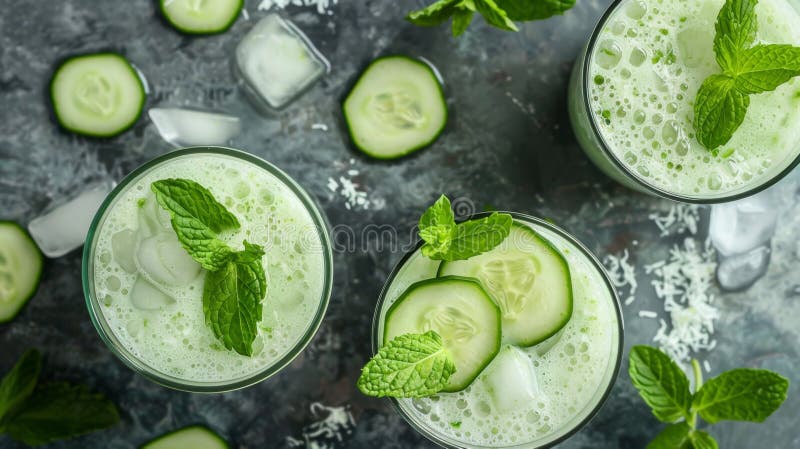 Fresh cucumbers and mint leaves topped with ice cubes. AI generated. Fresh cucumbers and mint leaves topped with ice cubes. AI generated