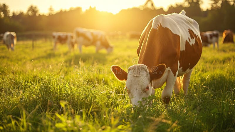 Cows graze in the meadow. Selective focus. Nature. AI generated. Cows graze in the meadow. Selective focus. Nature. AI generated