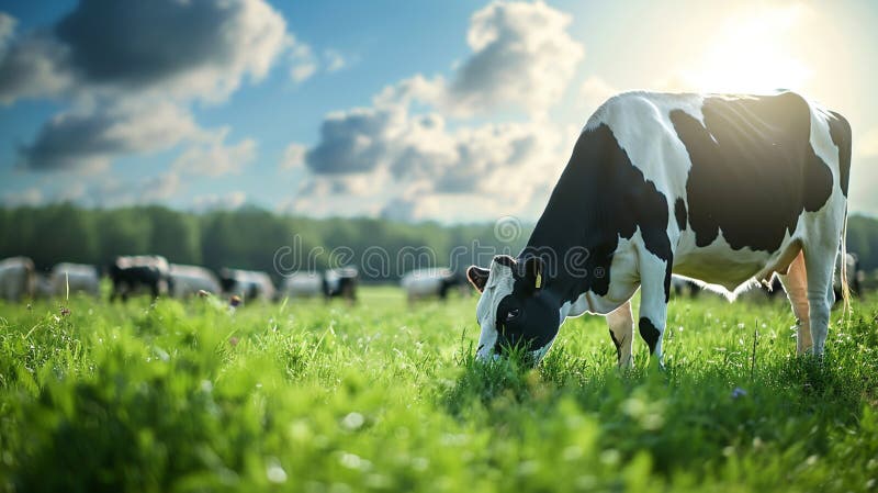 Cows graze in the meadow. Selective focus. Nature. AI generated. Cows graze in the meadow. Selective focus. Nature. AI generated