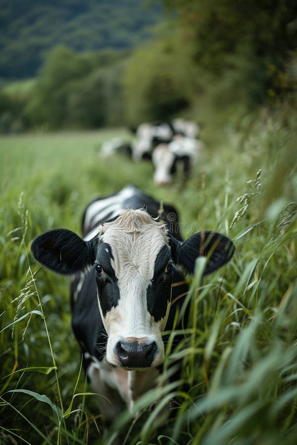 Cows graze in the meadow. Selective focus. Nature. AI generated. Cows graze in the meadow. Selective focus. Nature. AI generated