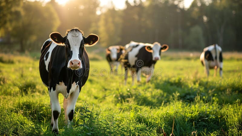 Cows graze in the meadow. Selective focus. Nature. AI generated. Cows graze in the meadow. Selective focus. Nature. AI generated