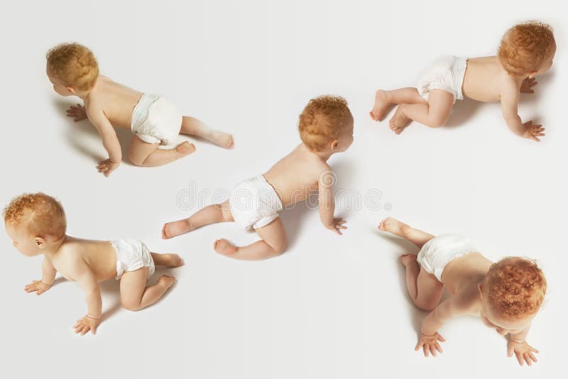 Multiple image of baby boys crawling in different direction on white background. Multiple image of baby boys crawling in different direction on white background