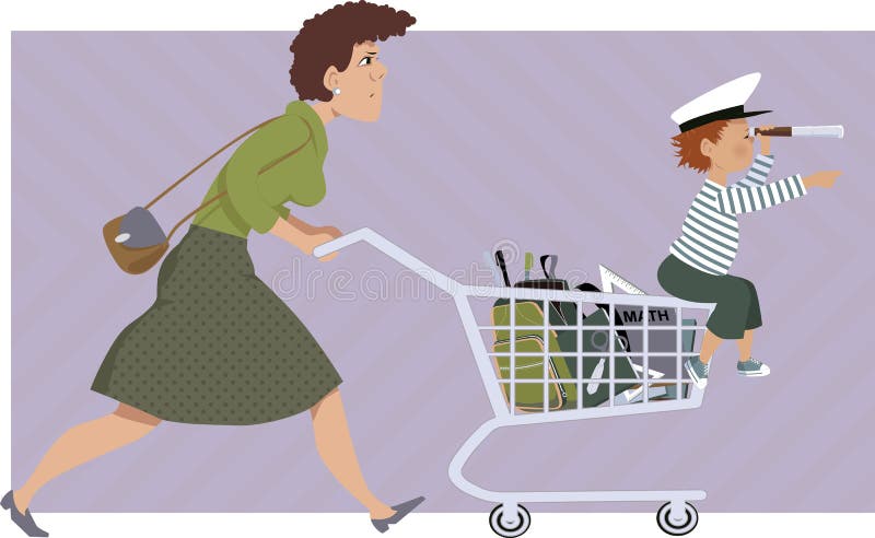 Stressed mother with a list shops for school supplies, a little kid sitting on her shopping cart, vector illustration, no transparencies, EPS 8. Stressed mother with a list shops for school supplies, a little kid sitting on her shopping cart, vector illustration, no transparencies, EPS 8