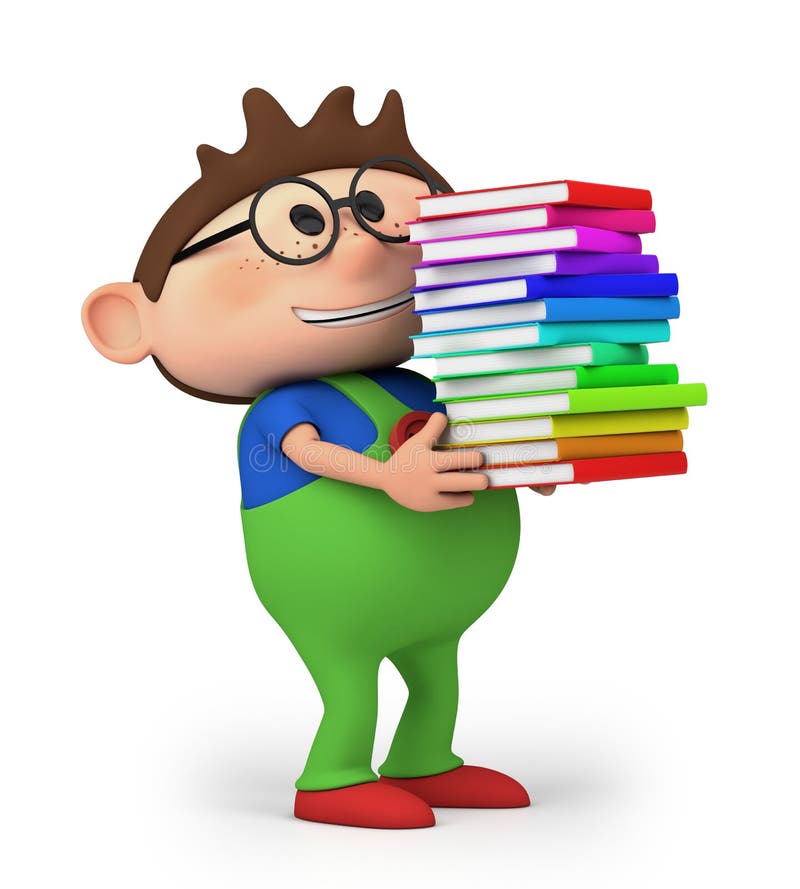 Cute little cartoon boy carrying books - high quality 3d illustration. Cute little cartoon boy carrying books - high quality 3d illustration