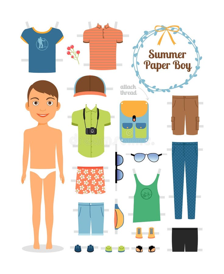 Paper doll boy in summer clothes and shoes. Cute dress up paper doll. Body template, outfit and accessories. Summer collection. Paper doll boy in summer clothes and shoes. Cute dress up paper doll. Body template, outfit and accessories. Summer collection