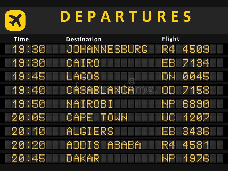 Departure board - destination airports. Busiest airports in Africa: Johannesburg, Cairo, Lagos, Cape Town, Nairobi, Casablanca, Algiers, Addis Ababa and Rabat. Departure board - destination airports. Busiest airports in Africa: Johannesburg, Cairo, Lagos, Cape Town, Nairobi, Casablanca, Algiers, Addis Ababa and Rabat.