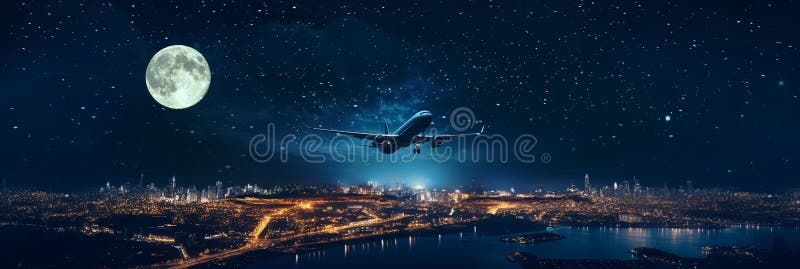 αεροπλάνο πετονιά σε συννεφιασμένο ουρανό έναστρη νύχτα μεγάλη σελήνη κάτω από το θαμπό φως της πόλης απεικόνιση αποθεμάτων