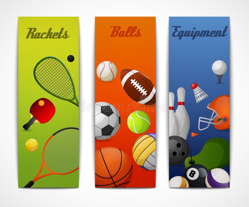 Outdoor sport activities squash tennis soccer basketball rugby accessories flat vertical banners set abstract vector illustration. Outdoor sport activities squash tennis soccer basketball rugby accessories flat vertical banners set abstract vector illustration