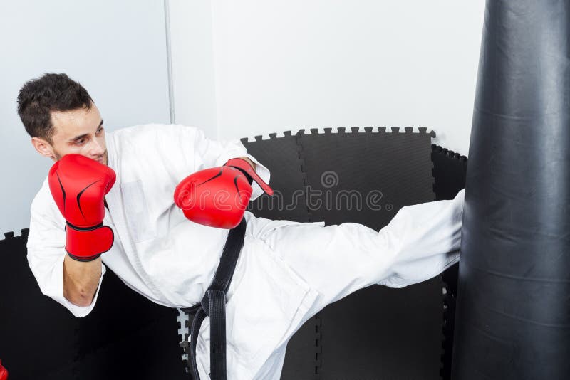 Αθλητικός karate μαχητής που δίνει ένα ισχυρό λάκτισμα ποδιών σε ένα βαρύ β στοκ εικόνα Αθλητικός karate μαχητής που δίνει ένα ισχυρό λάκτισμα ποδιών σε ένα βαρύ β στοκ εικόνα