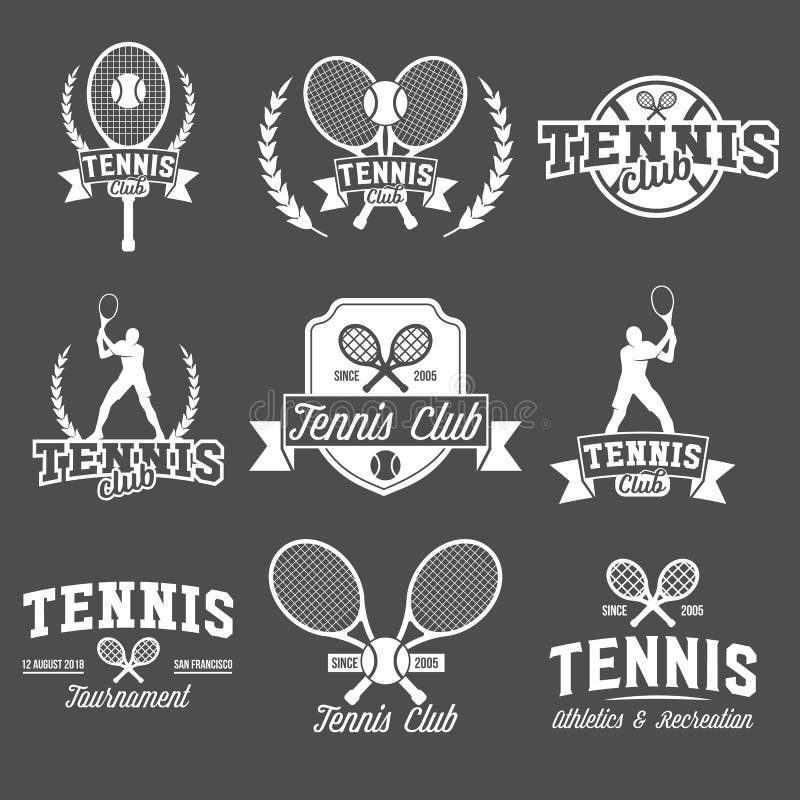 Set of tennis badge logotype template. Club emblem, college league logo, one color design elements, sport tournament, contest, tug, rush, competition. Set of tennis badge logotype template. Club emblem, college league logo, one color design elements, sport tournament, contest, tug, rush, competition.