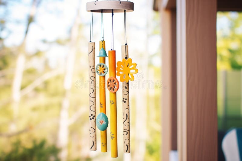 aluminium tube wind chimes with nature motifs carved on, created with generative ai AI generated. aluminium tube wind chimes with nature motifs carved on, created with generative ai AI generated