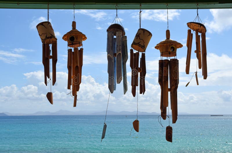 Wind Chimes against Blue Sky and Sea. Lanzarote. Wind Chimes against Blue Sky and Sea. Lanzarote