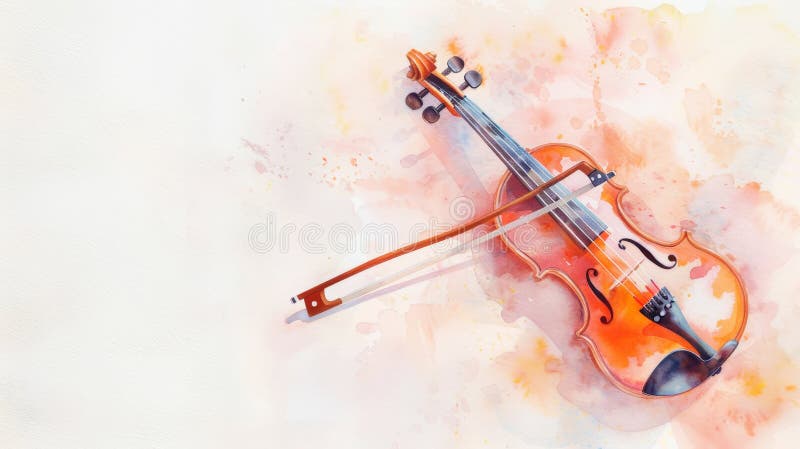 Aesthetic watercolor delicate drawing of violin on light clean background. Musical concept. Copy space. Generative AI. AI generated. Aesthetic watercolor delicate drawing of violin on light clean background. Musical concept. Copy space. Generative AI. AI generated