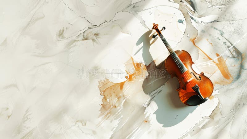 Aesthetic watercolor delicate drawing of violin on light clean background. Musical concept. Copy space. Generative AI. AI generated. Aesthetic watercolor delicate drawing of violin on light clean background. Musical concept. Copy space. Generative AI. AI generated