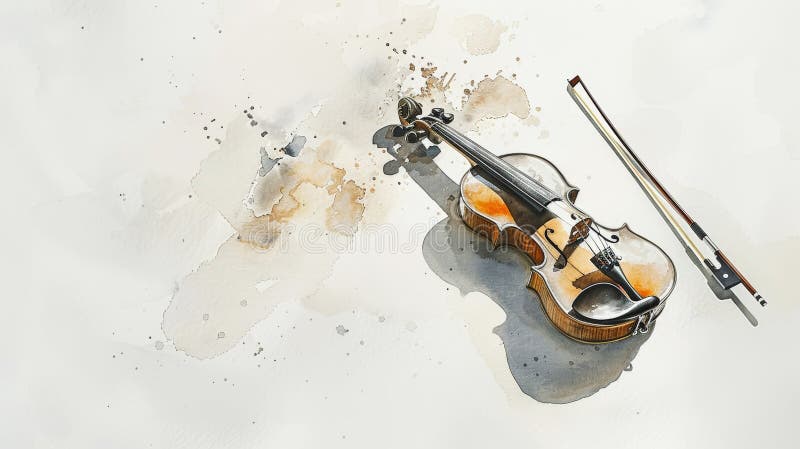 Aesthetic watercolor delicate drawing of violin on light clean background. Musical concept. Copy space. Generative AI. AI generated. Aesthetic watercolor delicate drawing of violin on light clean background. Musical concept. Copy space. Generative AI. AI generated