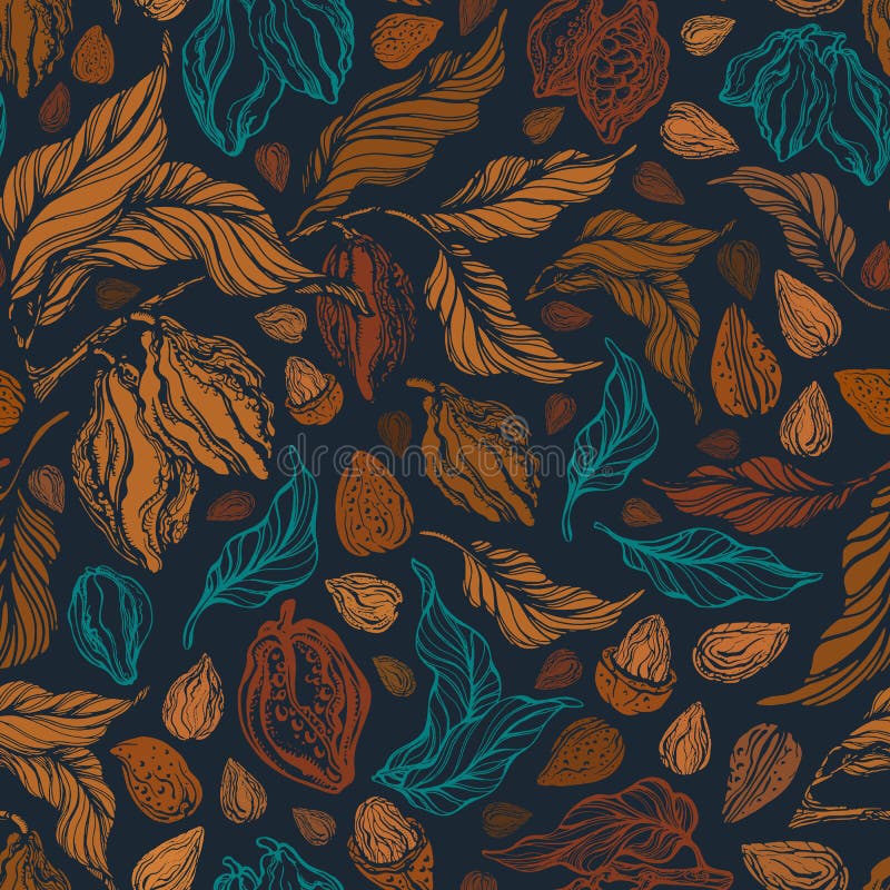 Cocoa and nuts sketch seamless pattern. Vector texture fruit, grain, nature branch with golden leaves. Hand drawn vintage background. Graphic abstract print. Organic chocolate butter. Cocoa and nuts sketch seamless pattern. Vector texture fruit, grain, nature branch with golden leaves. Hand drawn vintage background. Graphic abstract print. Organic chocolate butter