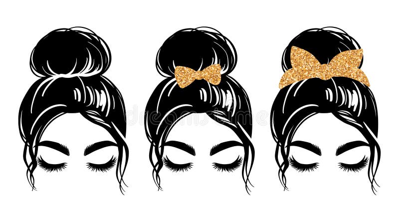 Messy bun with golden glitter bandana or headwrap and hair bow. Vector woman silhouette. Beautiful girl drawing illustration. Female hairstyle. Long black lashes, closed eyes. Messy bun with golden glitter bandana or headwrap and hair bow. Vector woman silhouette. Beautiful girl drawing illustration. Female hairstyle. Long black lashes, closed eyes.