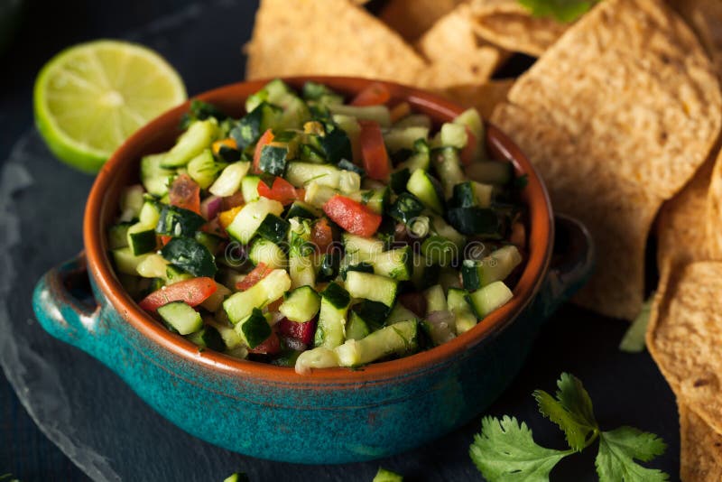 Ακατέργαστο σπιτικό Cucumber Pico de Gallo Salsa στοκ εικόνα με δικαίωμα ελεύθερης χρήσης Ακατέργαστο σπιτικό Cucumber Pico de Gallo Salsa στοκ εικόνα με δικαίωμα ελεύθερης χρήσης