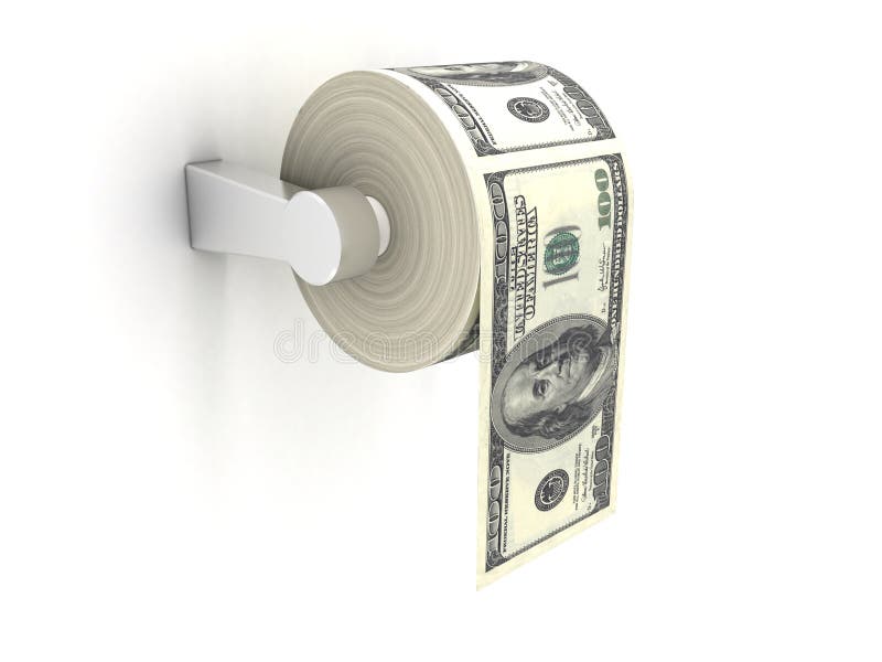 3D rendering of a roll of cash as toilet paper. 3D rendering of a roll of cash as toilet paper