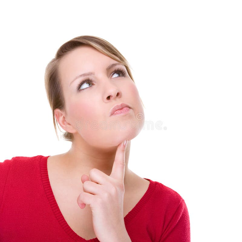 Full isolated portrait of a thinking caucasian woman. Full isolated portrait of a thinking caucasian woman