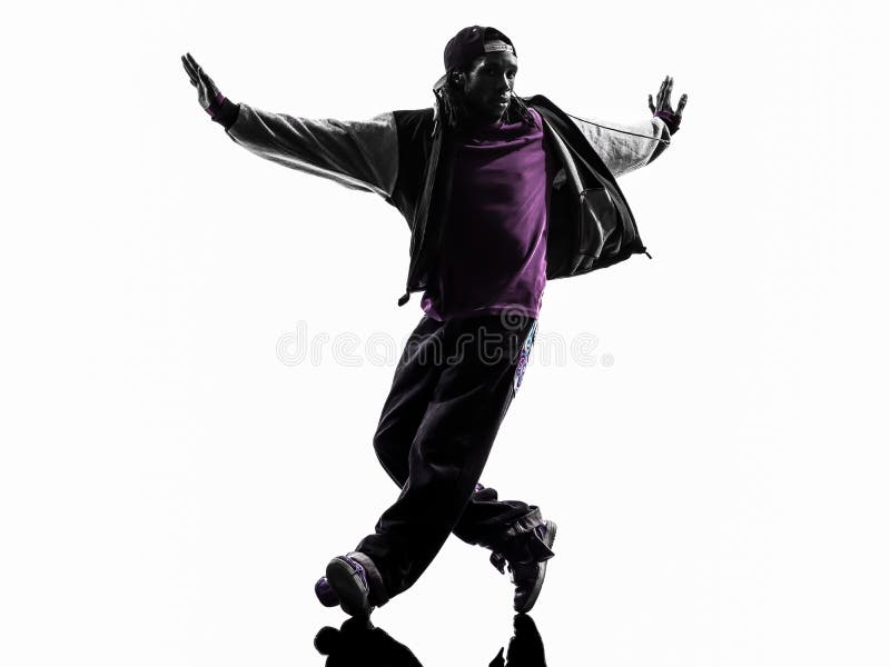 One hip hop acrobatic break dancer breakdancing young man silhouette white background. One hip hop acrobatic break dancer breakdancing young man silhouette white background