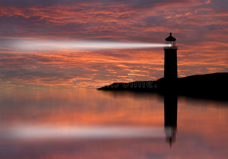 Lighthouse searchlight beam through marine air at night. Lighthouse searchlight beam through marine air at night