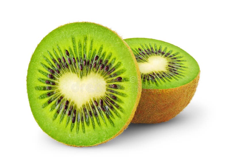 Isolated kiwi. One kiwi fruit cut in half with heart-shaped core isolated on a white background. Isolated kiwi. One kiwi fruit cut in half with heart-shaped core isolated on a white background