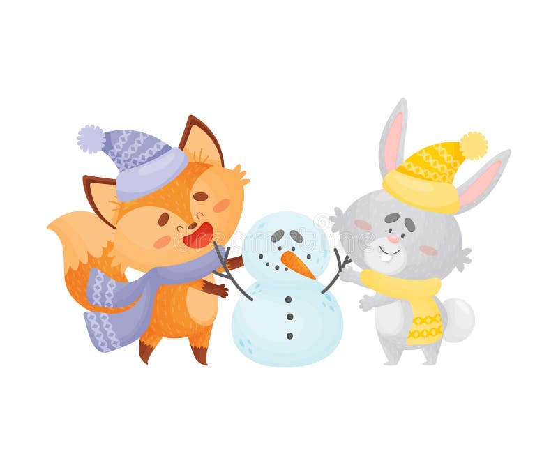 Cartoon foxes in a blue hat and a hare in a yellow scarf sculpt a snowman together. Vector illustration on a white background. Cartoon foxes in a blue hat and a hare in a yellow scarf sculpt a snowman together. Vector illustration on a white background.