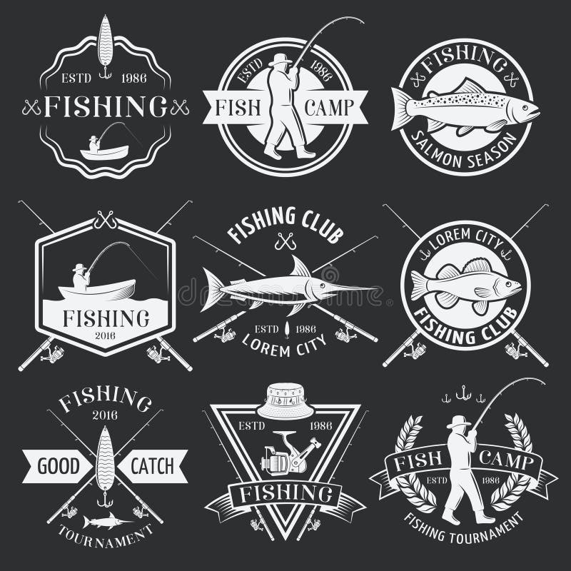 Fishing white emblems on black background with man in hat tackle boat catch inscriptions isolated vector illustration. Fishing white emblems on black background with man in hat tackle boat catch inscriptions isolated vector illustration