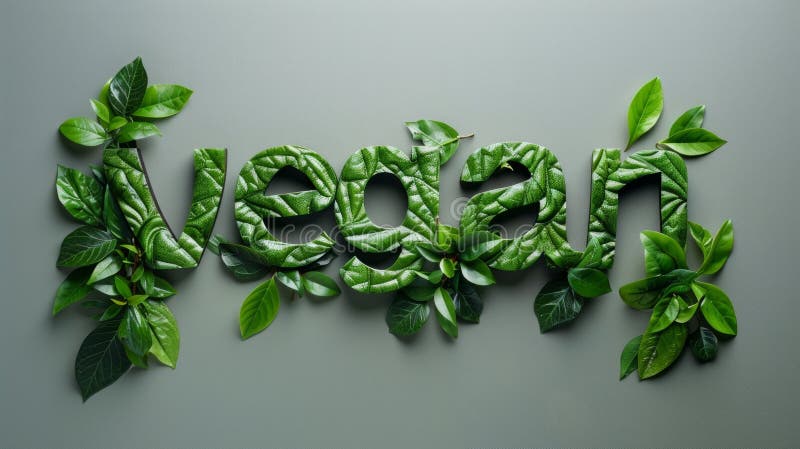 Lettering of English word Vegan made of green natural leaves AI generated. Lettering of English word Vegan made of green natural leaves AI generated