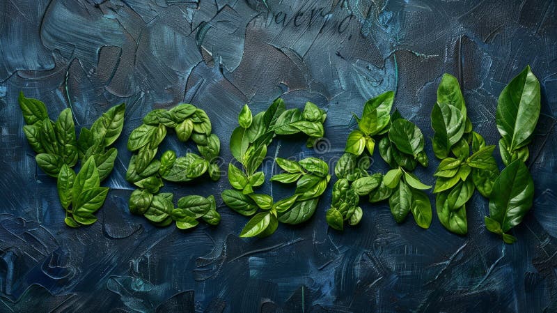 Lettering of English word Vegan made of green natural leaves AI generated. Lettering of English word Vegan made of green natural leaves AI generated